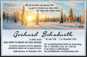 Traueranzeige von Gerhard Schubarth von Südthüringer Presse