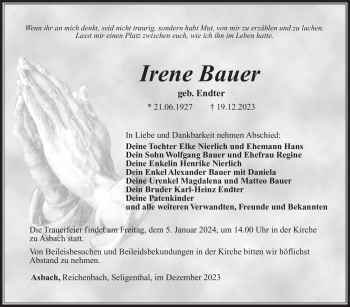 Traueranzeige von Irene Bauer von Südthüringer Presse