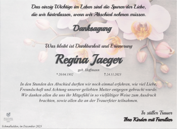 Traueranzeige von Regina Jaeger von Südthüringer Presse