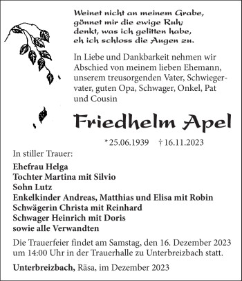 Traueranzeige von Friedhelm Apel von Südthüringer Presse