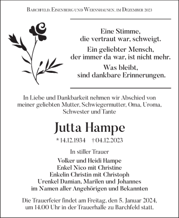 Traueranzeige von Jutta Hampe von Südthüringer Presse