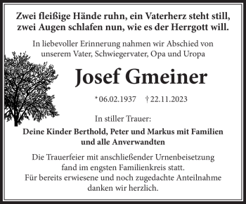Traueranzeige von Josef Gmeiner von Frankenpost