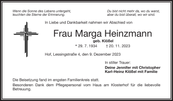 Traueranzeige von Marga Heinzmann von Frankenpost
