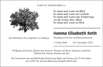 Traueranzeige von Hanna Roth von Südthüringer Presse