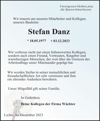 Traueranzeige von Stefan Danz von Südthüringer Presse
