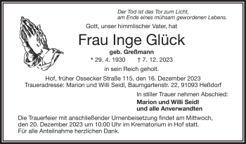 Traueranzeige von Inge Glück von Frankenpost