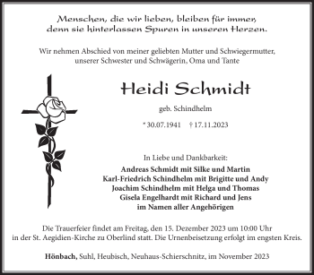 Traueranzeige von Heidi Schmidt von Südthüringer Presse