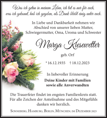 Traueranzeige von Marga Kiesewetter von Südthüringer Presse