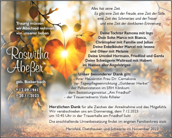 Traueranzeige von Roswitha Abeßer von Südthüringer Presse