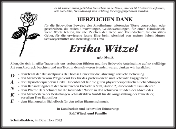 Traueranzeige von Erika Witzel von Südthüringer Presse