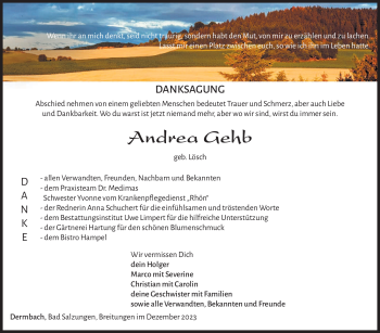 Traueranzeige von Andrea Gehb von Südthüringer Presse