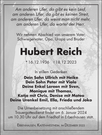 Traueranzeige von Hubert Reich von Südthüringer Presse