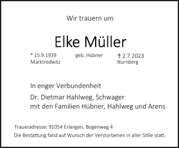 Traueranzeige von Elke Müller von Frankenpost