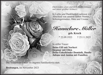 Traueranzeige von Hannelore Möller von Südthüringer Presse
