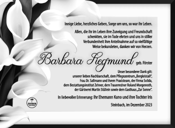 Traueranzeige von Barbara Siegmund von Südthüringer Presse
