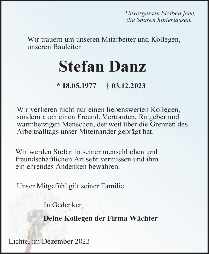 Traueranzeige für Stefan Danz vom 16.12.2023 aus Südthüringer Presse