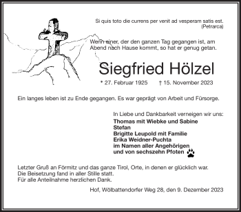 Traueranzeige von Siegfried Hölzel von Frankenpost