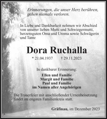 Traueranzeige von Dora Ruchalla von Südthüringer Presse