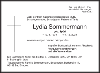 Traueranzeige von Lydia Sommermann von Frankenpost