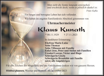 Traueranzeige von Klaus Kunath von Südthüringer Presse