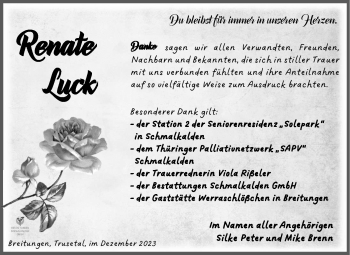 Traueranzeige von Renate Luck von Südthüringer Presse