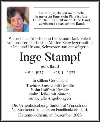 Traueranzeige von Inge Stampf von Südthüringer Presse