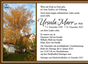Traueranzeige von Ursula Marrr von Südthüringer Presse