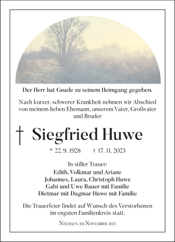 Traueranzeige von Siegfried Huwe von Südthüringer Presse