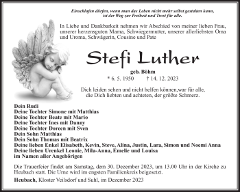 Traueranzeige von Stefi Luther von Südthüringer Presse