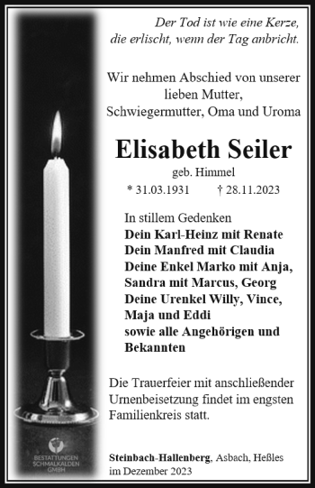 Traueranzeige von Elisabeth Seiler von Südthüringer Presse