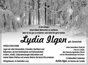 Traueranzeige von Lydia Ilgen von Südthüringer Presse