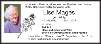 Traueranzeige von Lise Mages von Frankenpost