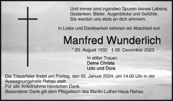 Traueranzeige von Manfred Wunderlich von Frankenpost