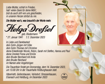 Traueranzeige von Helga Dreßel von Südthüringer Presse