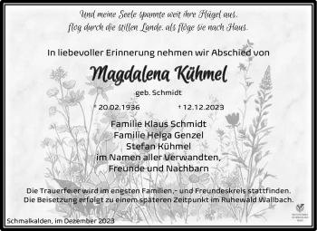 Traueranzeige von Magdalena Kühmel von Südthüringer Presse