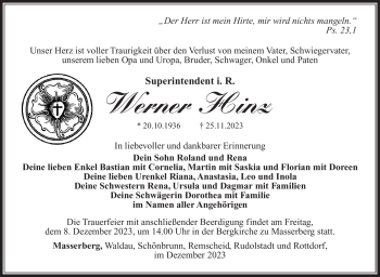 Traueranzeige von Werner Hinz von Südthüringer Presse