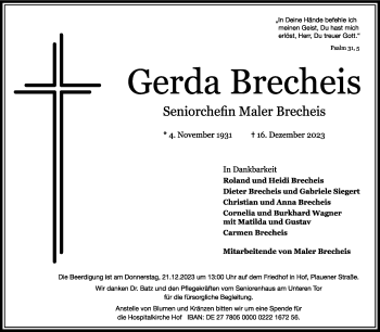Traueranzeige von Gerda Brecheis von Frankenpost