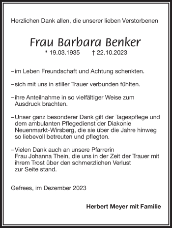 Traueranzeige von Barbara Benker von Frankenpost