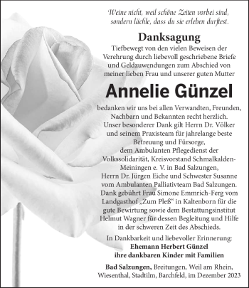 Traueranzeige von Annelie Günzel von Südthüringer Presse
