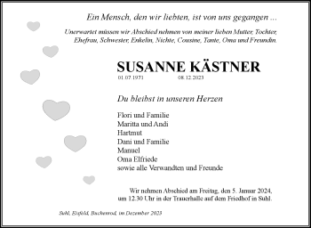 Traueranzeige von Susanne Kästner von Südthüringer Presse