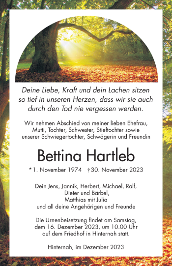 Traueranzeige von Bettina Hartleb von Südthüringer Presse