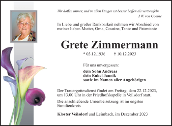Traueranzeige von Grete Zimmermann von Südthüringer Presse