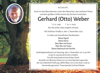 Traueranzeige von Gerhard Weber von Frankenpost