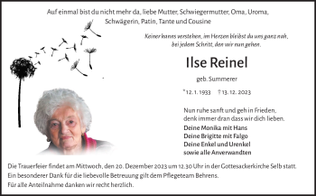 Traueranzeige von Ilse Reinel von Frankenpost