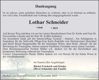 Traueranzeige von Lothar Schneider von Südthüringer Presse
