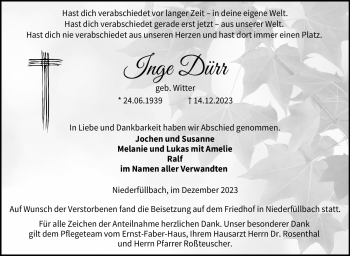 Traueranzeige von Inge Dürr von Neue Presse Coburg