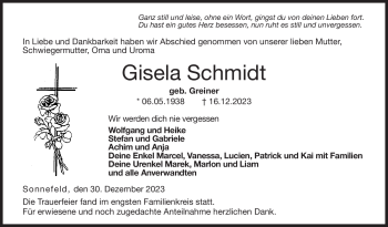 Traueranzeige von Gisela Schmidt von Neue Presse Coburg