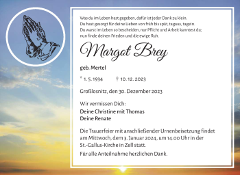 Traueranzeige von Margot Brey von Frankenpost