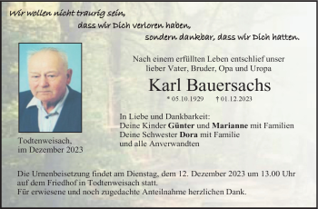 Traueranzeige von Karl Bauersachs von Neue Presse Coburg