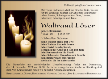 Traueranzeige von Waltraud Löser von Südthüringer Presse